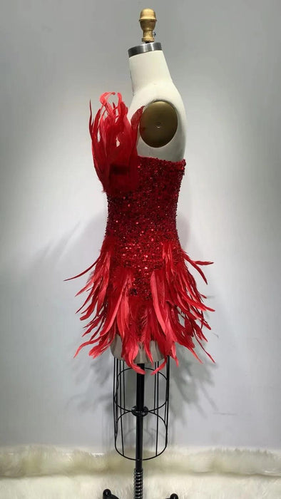 Crimson Elegance Feathered Night Out Dress - Luxe Edition