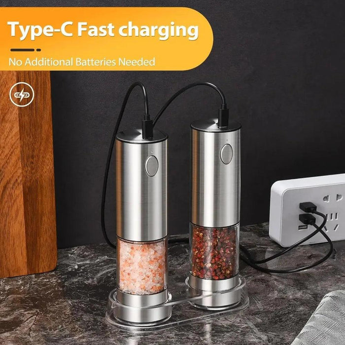 USB Rechargeable Electric Salt and Pepper Mill Set with Customizable Grind Settings and Illuminating LED