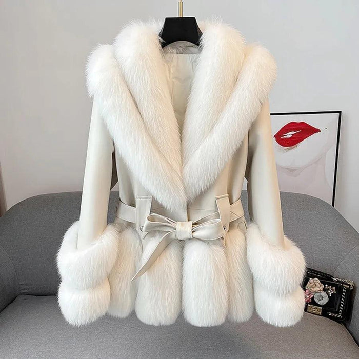 Luxurious V-neck Fox Fur and Sheepskin Winter Coat