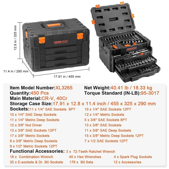 450-Piece Professional Grade CR-V Mechanics Tool Set with Enhanced Torque Capability and Premium Polishing Technology