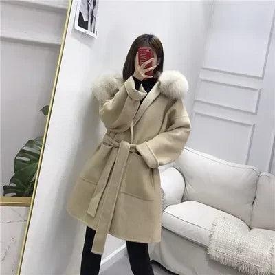 Elegant Women's Wool Blend Winter Coat with Fox Fur Trim and Cashmere Lining