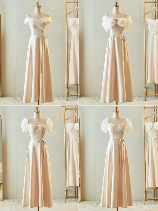 Charming Off-Shoulder Champagne Satin Bridesmaid Dress with Adjustable Lace-Up Back