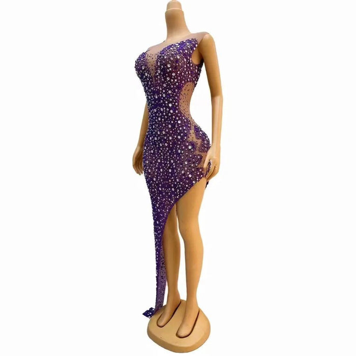 Stunning Sheer Violet Gown with Sparkling Rhinestones for Unforgettable Celebrations