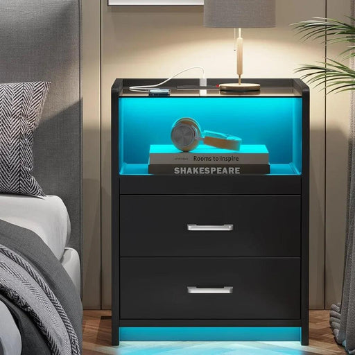 LED Smart Nightstand with Charging Station and Pull-out Tray - Modern Design with 2 Drawers