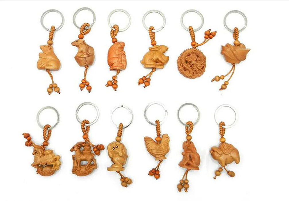 Sophisticated Wooden Keychain Set of the 12 Chinese Zodiac Signs