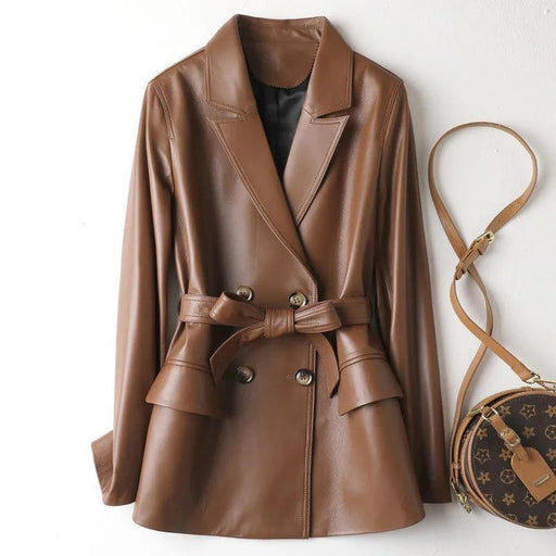 Sophisticated Women's Genuine Leather Jacket - Waist-Enhancing, Elegant MIDI Cut