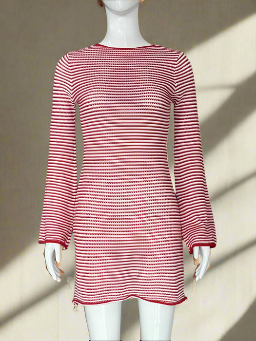 Women's Chic Striped Knit Mini Dress - High Waist Long Sleeve Style for Autumn/Winter