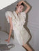 Notched Button Mini Dress with Ruffled Sleeves - Women's Summer Evening Wear