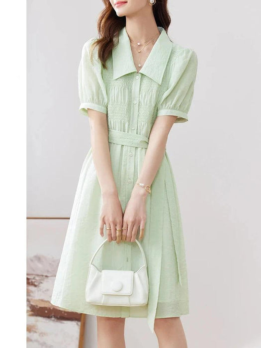 Summer Elegance: Light Green Smocked A-Line Dress with Belt