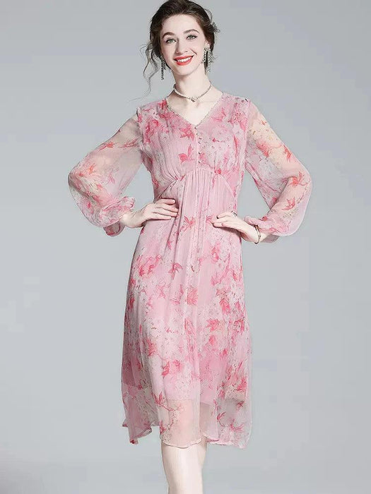 Chic V-Neck Puff Sleeve Mulberry Silk Dress with French Floral Print