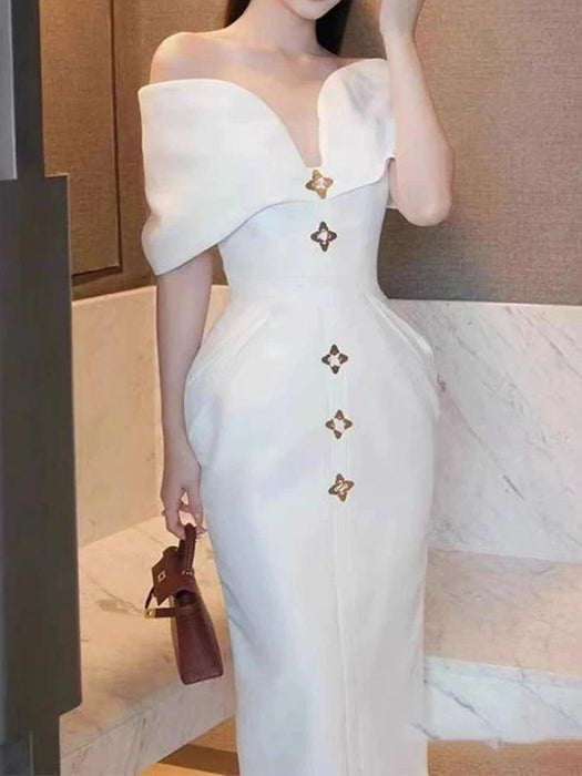 High-Waisted Evening Gown with Asymmetrical Neckline and Slit Detail