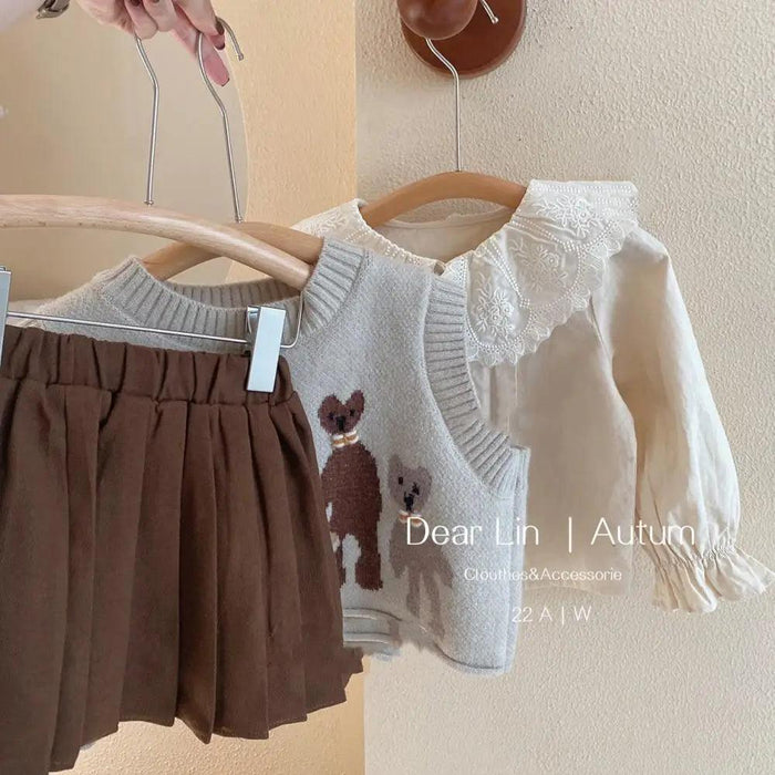 Charming 3-Piece Girls' Outfit Set: Knitted Vest, Lace Collar Blouse, and Pleated Skirt for Infants