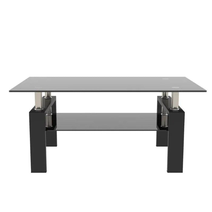 Modern Elegance Black Glass Coffee Table with Metal Framework and Additional Storage