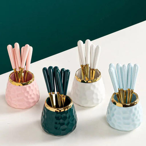 Elegant Golden Veined Ceramic Cutlery Collection with Chic Storage Holder