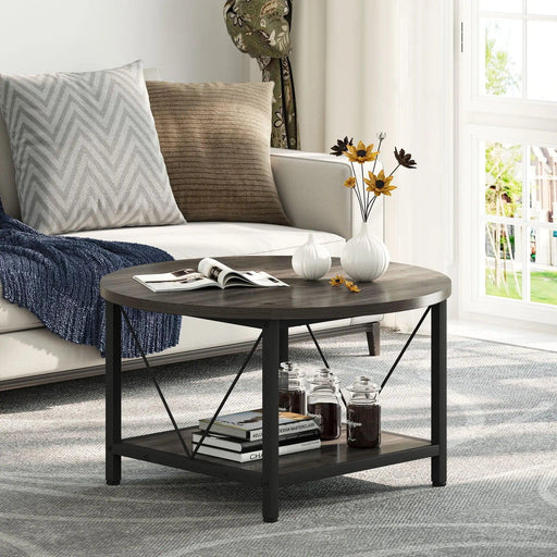 Modern Rustic Round Coffee Table with Generous Storage and Stylish Design