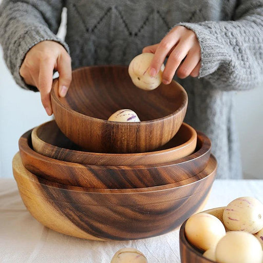 Artisanal Acacia Wood Serving Bowl - Japanese-Inspired Elegance for Culinary Delights