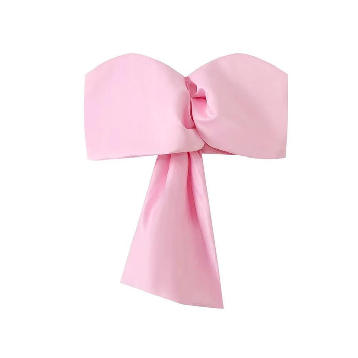 Elegant Pink Satin Off-Shoulder Crop Top with Bow and Lace-Up Accents for Women