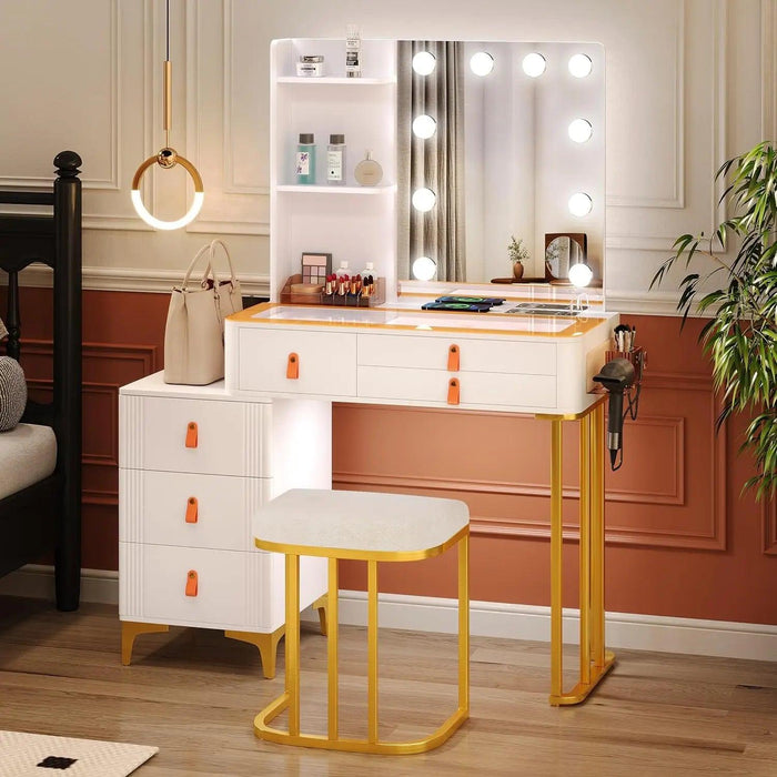 Luxurious LED-Integrated Glass Makeup Organizer with Charging Station