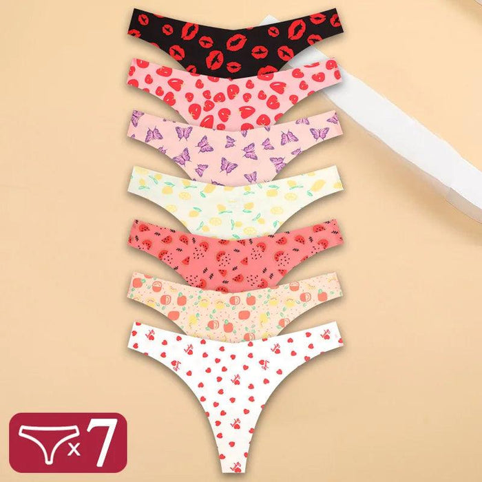 7Pcs Seamless Ice Silk Thong Set for Women - Fresh Low Waisted Print Underwear