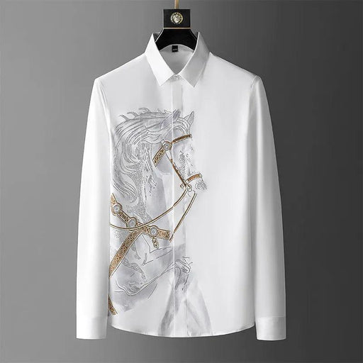 Rhinestone-Embellished Diamond Horse Print Men's Casual Shirt - Available in Black & Gray