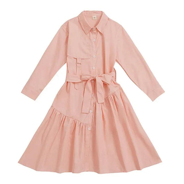 Girls' Spring Autumn Button-Up Dress in Solid Blue and Pink for Ages 6-16