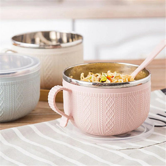 Insulated Stainless Steel Ramen Bowl Set with Lid and Spoon - Large Capacity Double-layer Design for Instant Noodles