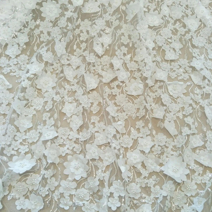 Extravagant Ivory 3D Beaded Lace Fabric - 130cm Width, Available by the Yard