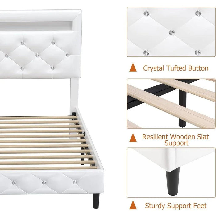 LED-Enhanced White Smart Bed Frame with Adjustable Crystal Tufted Headboard