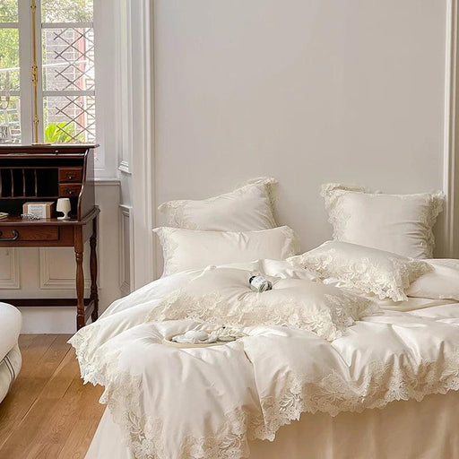 Romantic Chic French Lace Bedding Ensemble - Luxurious 1000TC Egyptian Cotton Duvet Cover, Sheets & Pillowcases Set