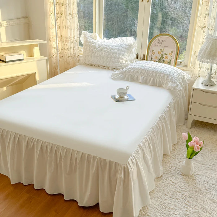 Luxe Korean Princess Lace Ruffle Bedding Ensemble with Duvet Cover, Bed Sheet, Skirt, and Pillowcases