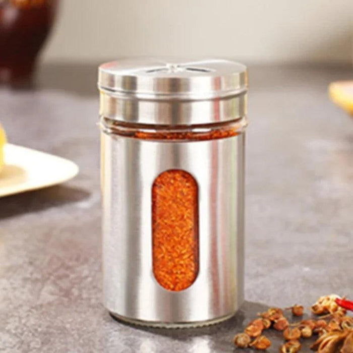 Rotating Stainless Steel Lid Glass Seasoning Jar Trio - Multi-Purpose Spice Shaker and Pepper Dispenser Set