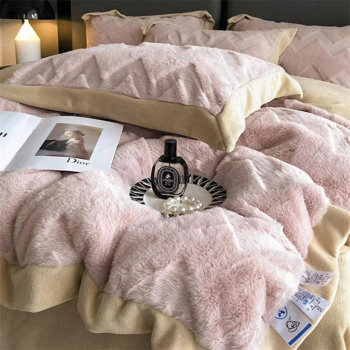 Plush Coral Velvet Faux Fur Duvet Cover Set - Indulgent Shaggy Bedding for Winter Warmth