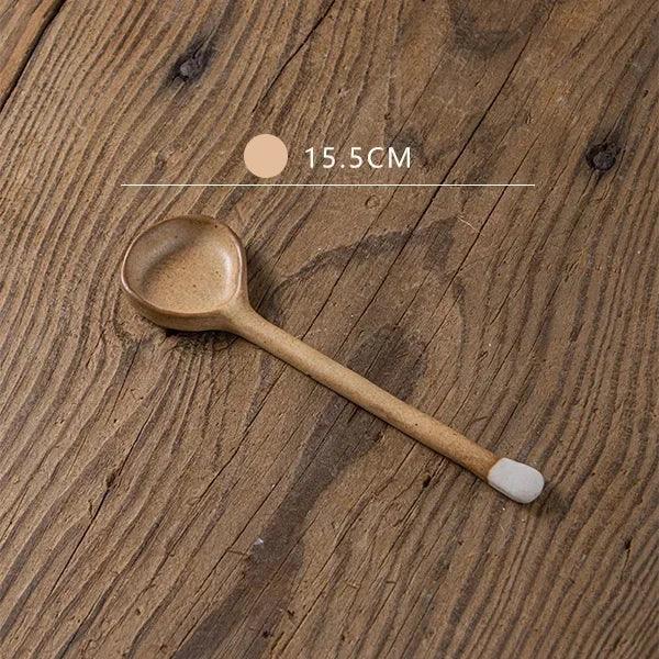 Japanese-Inspired Vintage Stoneware Soup Spoon with Extended Handle - Elegant Kitchen Tableware for 2024