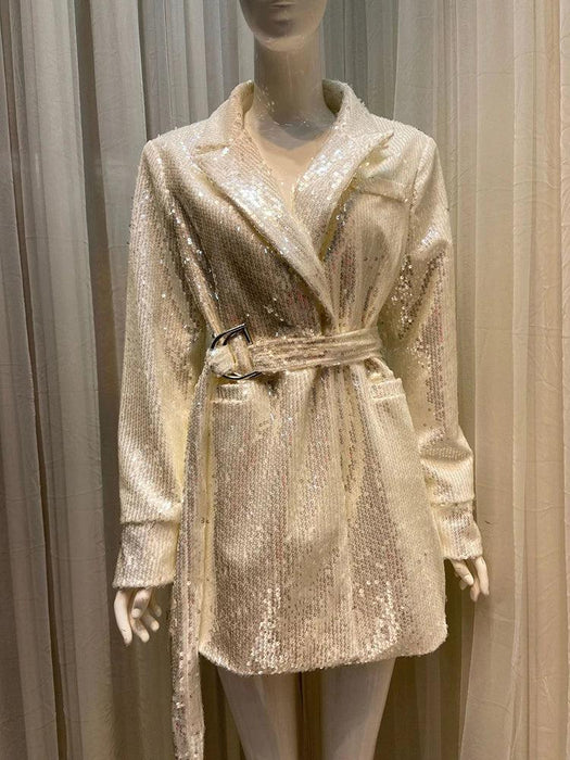 Glamorous Sequined Belted Blazer for Women - Sophisticated Lapel Long Sleeve Coat