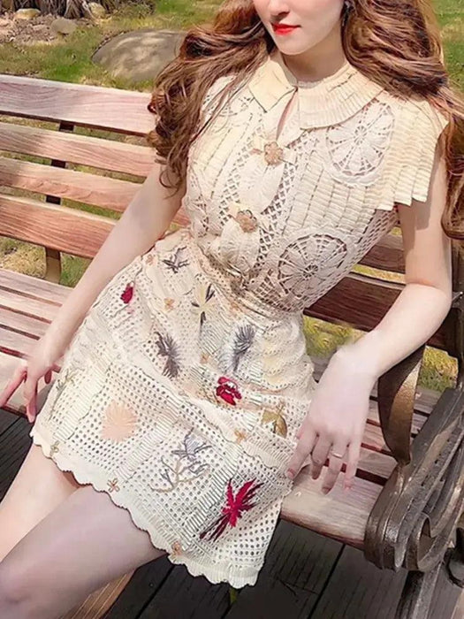 2-Piece Embroidered O-Neck Top and Short Skirt Set for Women