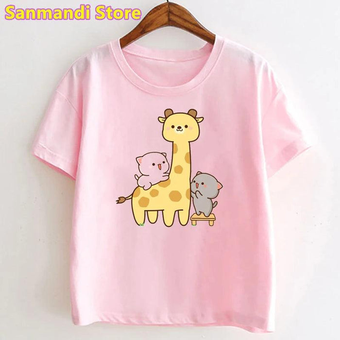 Peach & Goma Mochi Cat with Giraffe Print Kids Tee - Cute Harajuku Style Shirt for Boys & Girls