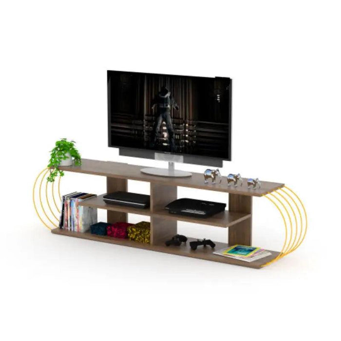 Retro-Inspired 68-Inch Walnut and Yellow Media Stand with Open Shelves by FurnisHome