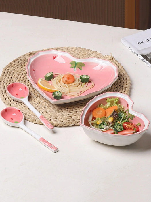 Strawberry Delight Dining Ensemble: Bowl, Spoon, and Plate Set