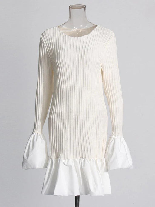 Chic Ruffled Long Sleeve Knit Dress with Asymmetrical Hem and High Waist for Women