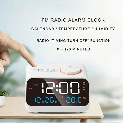 Sleek LED Alarm Clock with FM Radio, Temperature & Humidity Display for a Stylish Bedside Experience