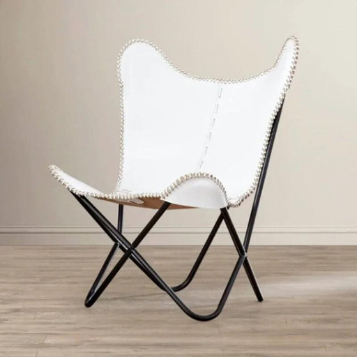 Vintage Elegance White Leather Butterfly Lounge Chair with Portable Frame