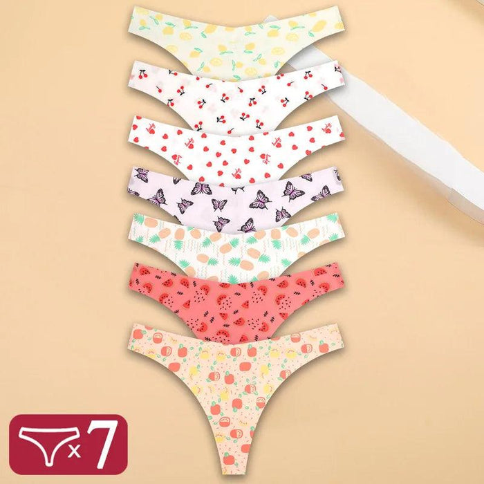 7Pcs Seamless Ice Silk Thong Set for Women - Fresh Low Waisted Print Underwear