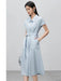 Chic Light Blue Polo Collar A-line Midi Dress with Belt and Pockets