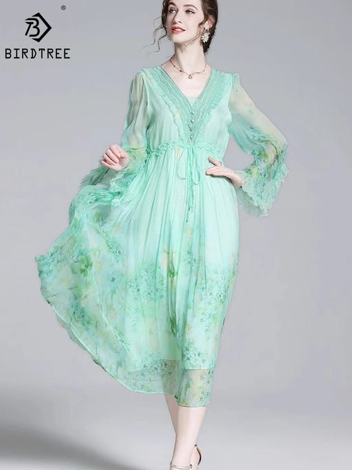 Elegant French Silk V-neck Dress with Flared Sleeves