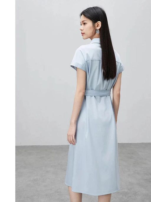 Chic Light Blue Polo Collar A-line Midi Dress with Belt and Pockets