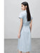 Chic Light Blue Polo Collar A-line Midi Dress with Belt and Pockets