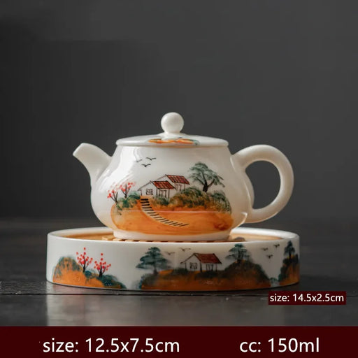 Artisan Hand-Painted Ceramic Tea Set with Mesh Filter - Elegant Tea Pot