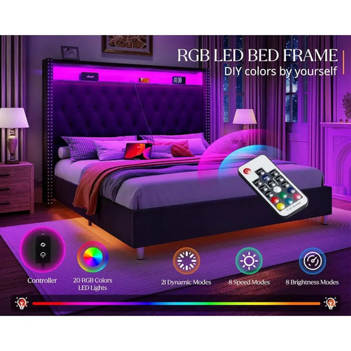 Luxury King Bed Frame with LED Nightlight and Charging Station