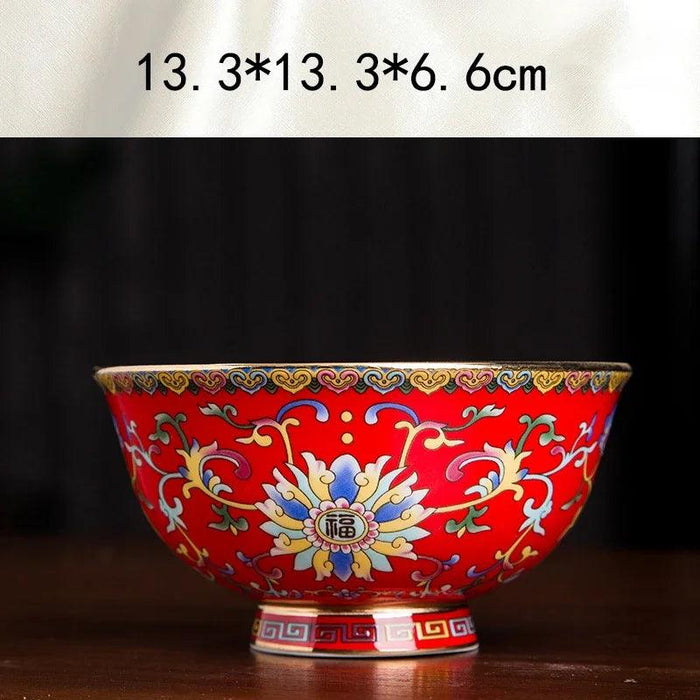 Ornate Chinese Ceramic Salad Bowl Set with Gold Trim - Elegant Enamel Tableware for Stylish Dining