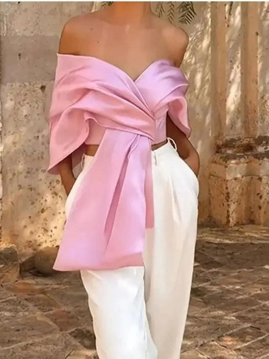 Elegant Pink Satin Off-Shoulder Crop Top with Bow and Lace-Up Accents for Women